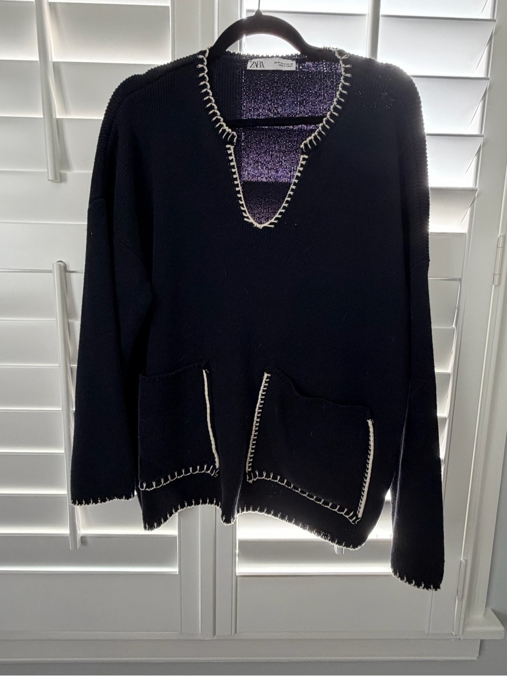 Zara Black Crewneck Sweater with Cream Contrast Stitching